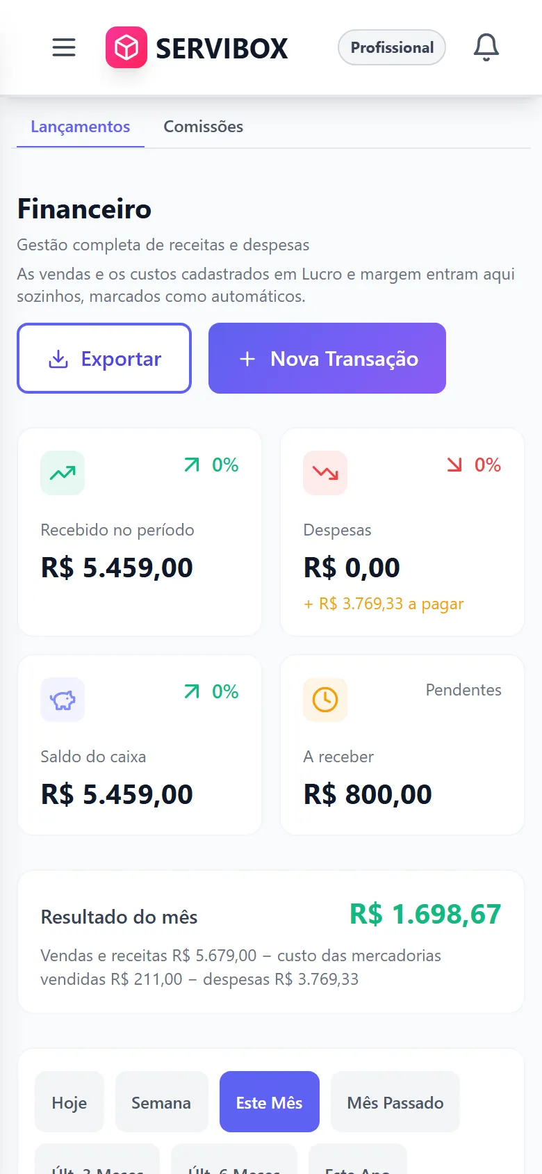 Financeiro no celular com o recebido, o saldo e o que falta receber
