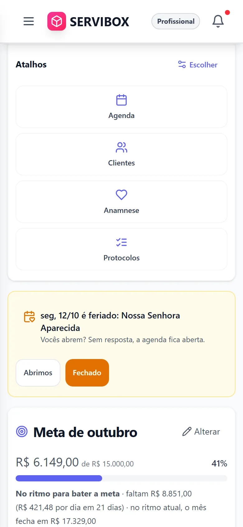 Tela inicial no celular com o aviso de feriado e a meta do mês